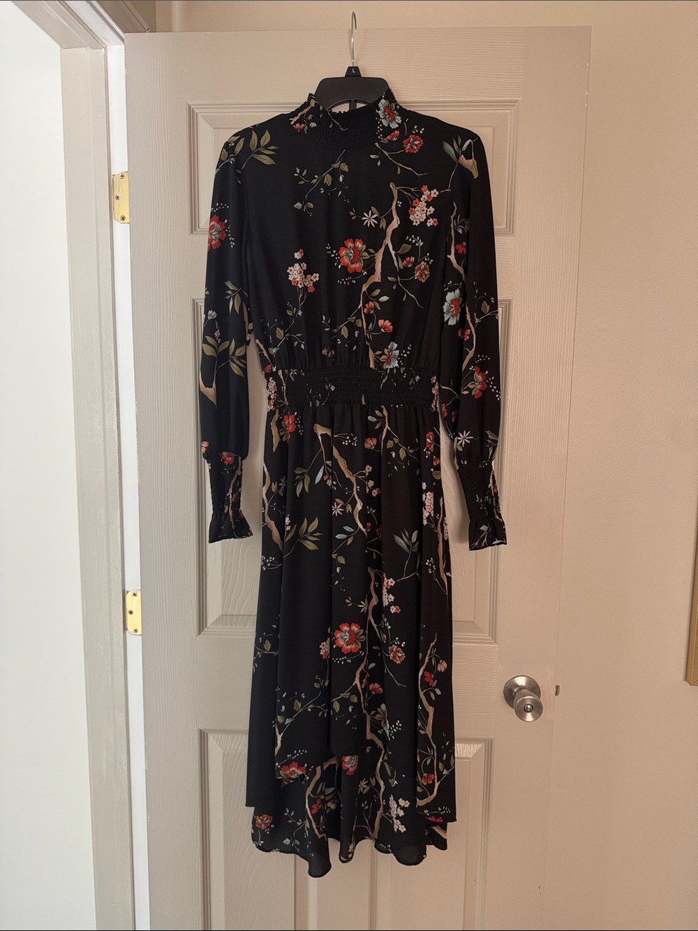 Nanette Lepore Black Floral High-Neck Smocked-Waist Midi Dress